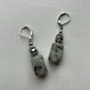 Silver Mini Hooped Sage Green/Gray/Black Marbled Stone Dangle Earrings